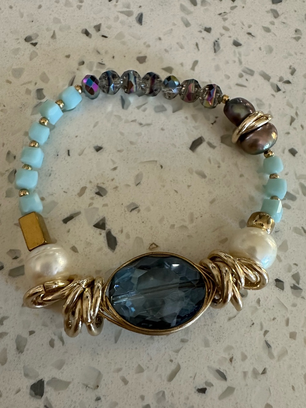 Handmade Gold & Blue Glass Bead Statement Bracelet with Aqua Accents and pearls